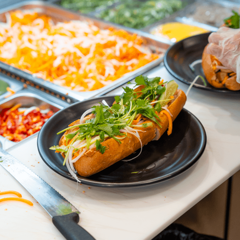 Grilled sous-vide duck breast bánh mì, teriyaki flavour